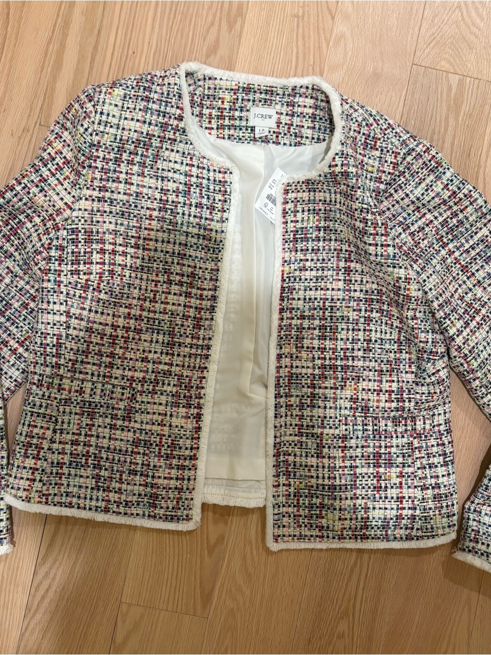 J. Crew Multicolor Tweed Open-Front Cropped Jacket with Cream Trim